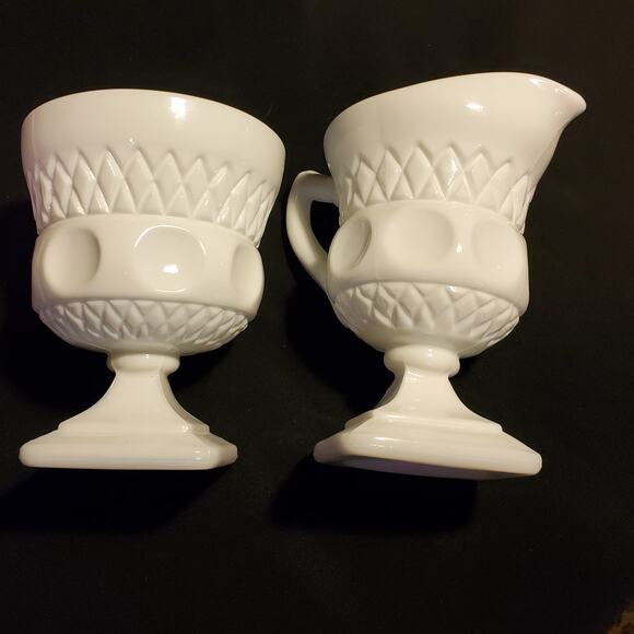 2 Pc Vintage Colony Milk Glass Open Sugar n Creamer Set in Lacette - Picture 13 of 16